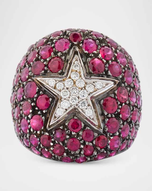 18K White Gold Star Diamond and Ruby Ring